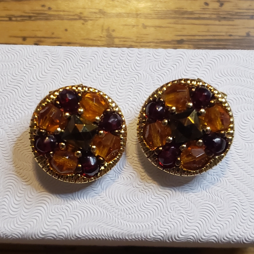 Vintage Goldtone Clip-ons With Amber And Red Accents